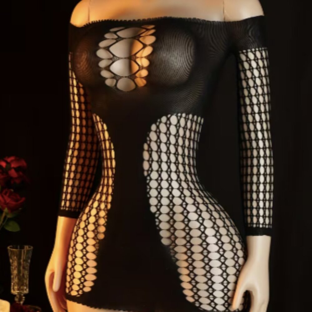 Black Hollow Pattern Bodycon Long-Sleeve Fishnet Cover-Up Dress
